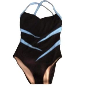 Slim Swimsuit size 12 black /aqua Diagonal stripe adjustable X back